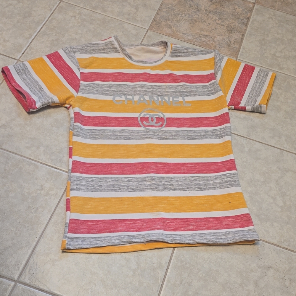 CHANEL Kids Tee - Red, Yellow, Gray Stripes